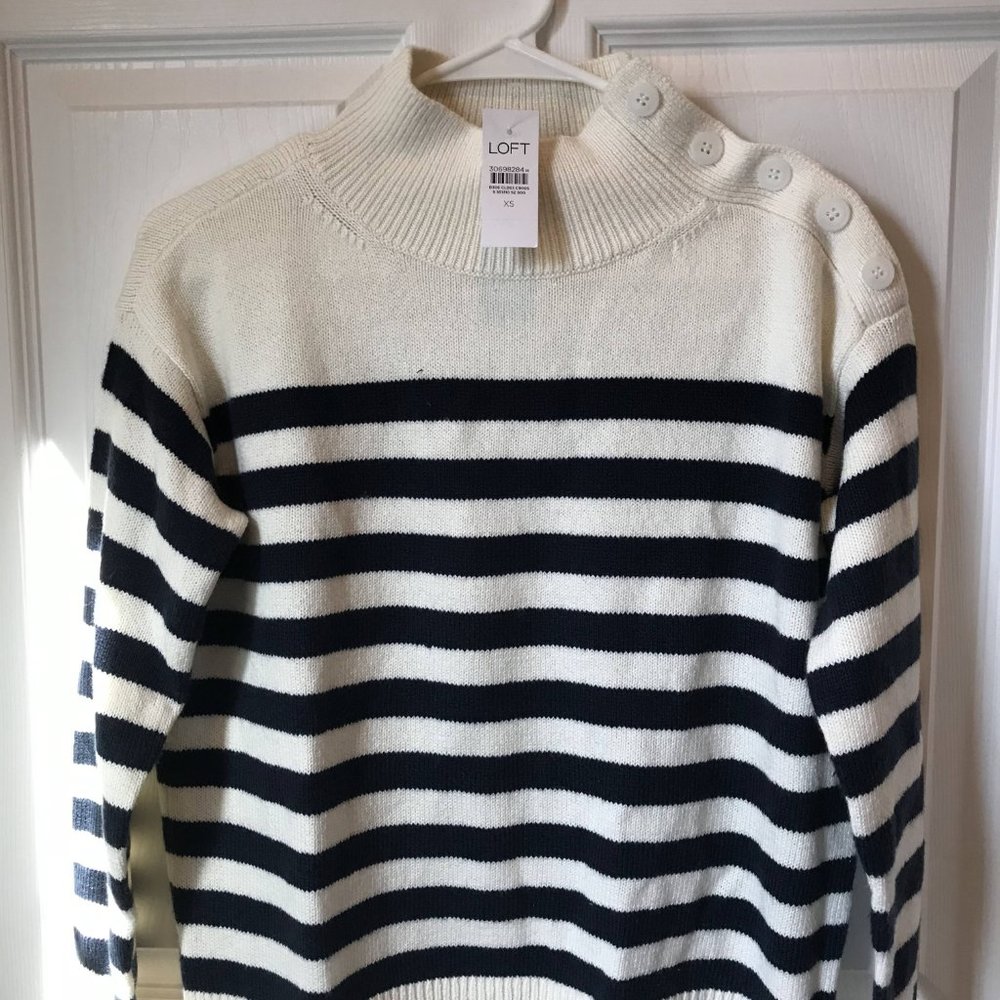 Striped Shoulder Button Sweater - Navy and white